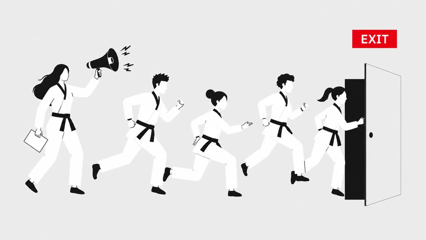 Symbolische Darstellung der Churn Prevention: Mitglieder, die gerade durch die Exit-Tür abwandern wollen