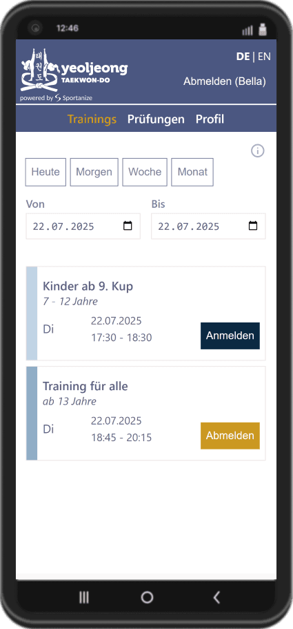 Screenshot einer Anmeldung zum Training