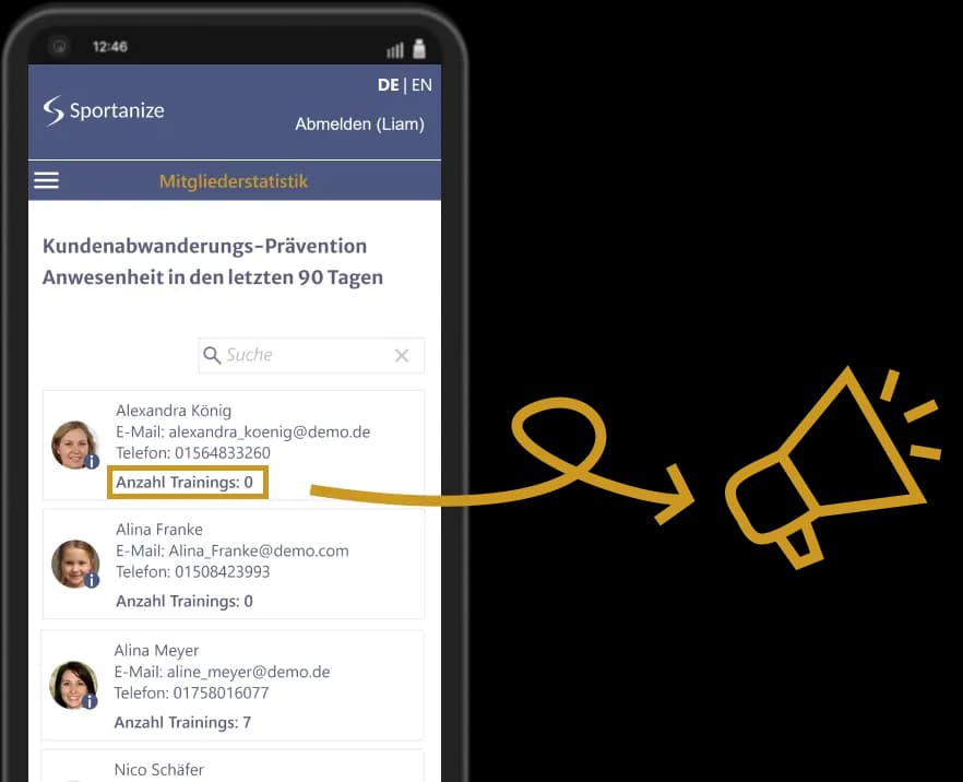 Screenshot der Sportanize-Funktion zur Prävention von Mitgliederabwanderung mit Megafon-Symbol als Warnung bei 0 Anwesenheiten