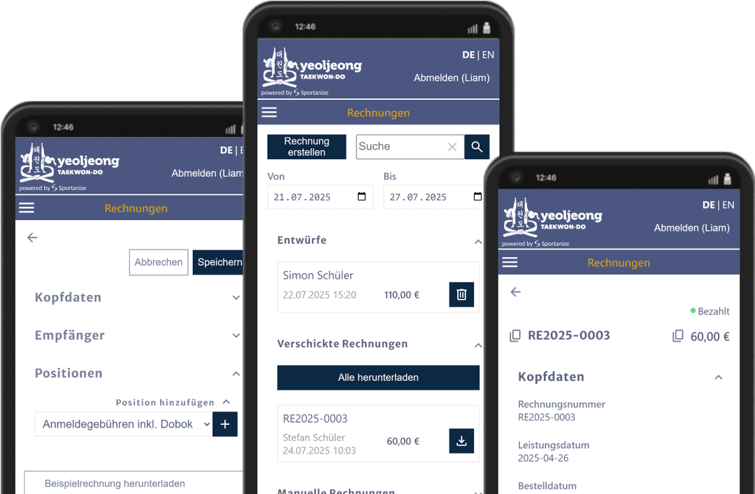 Rechnungsübersicht in der Sportanize Software - Beiträge und Gebühren automatisch per E-Mail an Mitglieder senden