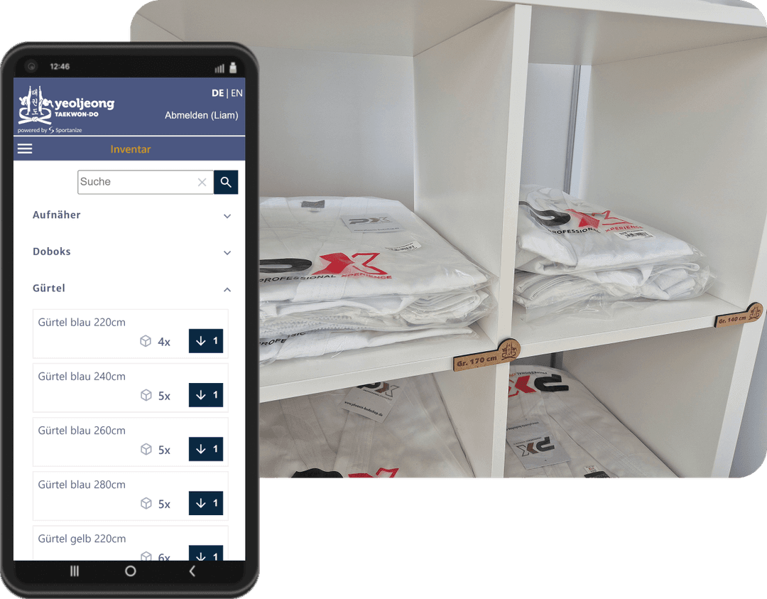 Sportanize Screenshot: Ein- und Ausbuchungen eines Inventarartikels in der Taekwondo-Schule sowie Foto eines Regals mit Kampfsport-Doboks