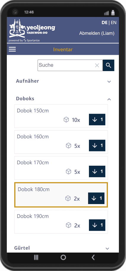 Sportanize App Screenshot der Inventar-Funktion: Inventarliste mit markiertem kritischem Bestand eines Kampfsport-Artikels