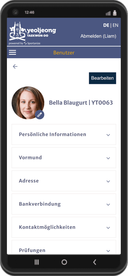 Sportanize Screenshot: Schülerprofil mit Stammdaten, Foto und Übersicht vergangener Prüfungen zur Mitgliederverwaltung der Taekwondo-Schule