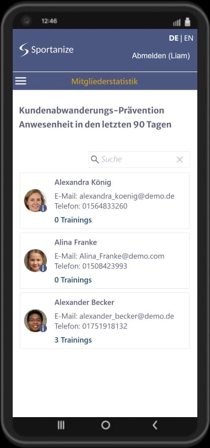portanize Dashboard-Ansicht zur Abwanderungsprävention: Übersicht über Mitglieder, die 90 Tage nicht mehr im Training waren.