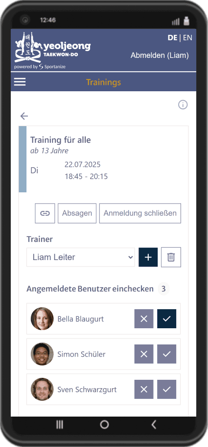 Screenshot der Übersicht über ein Training