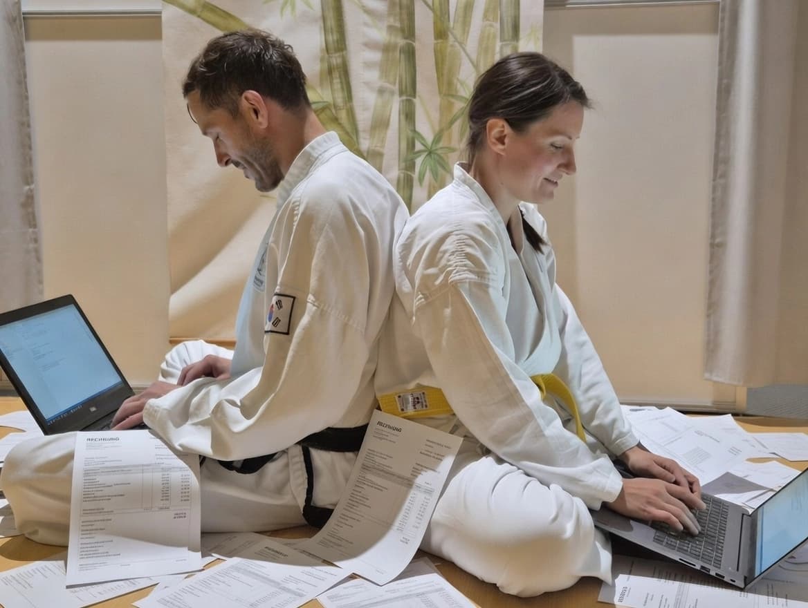 Authentisches Foto aus dem Dojang: Mehrere Personen sitzen nachts auf dem Boden zwischen Laptops und einem großen Chaos aus ausgedruckten Rechnungen für die anstehende Gürtelprüfung. Symbolisiert den administrativen Stress nach dem Event.