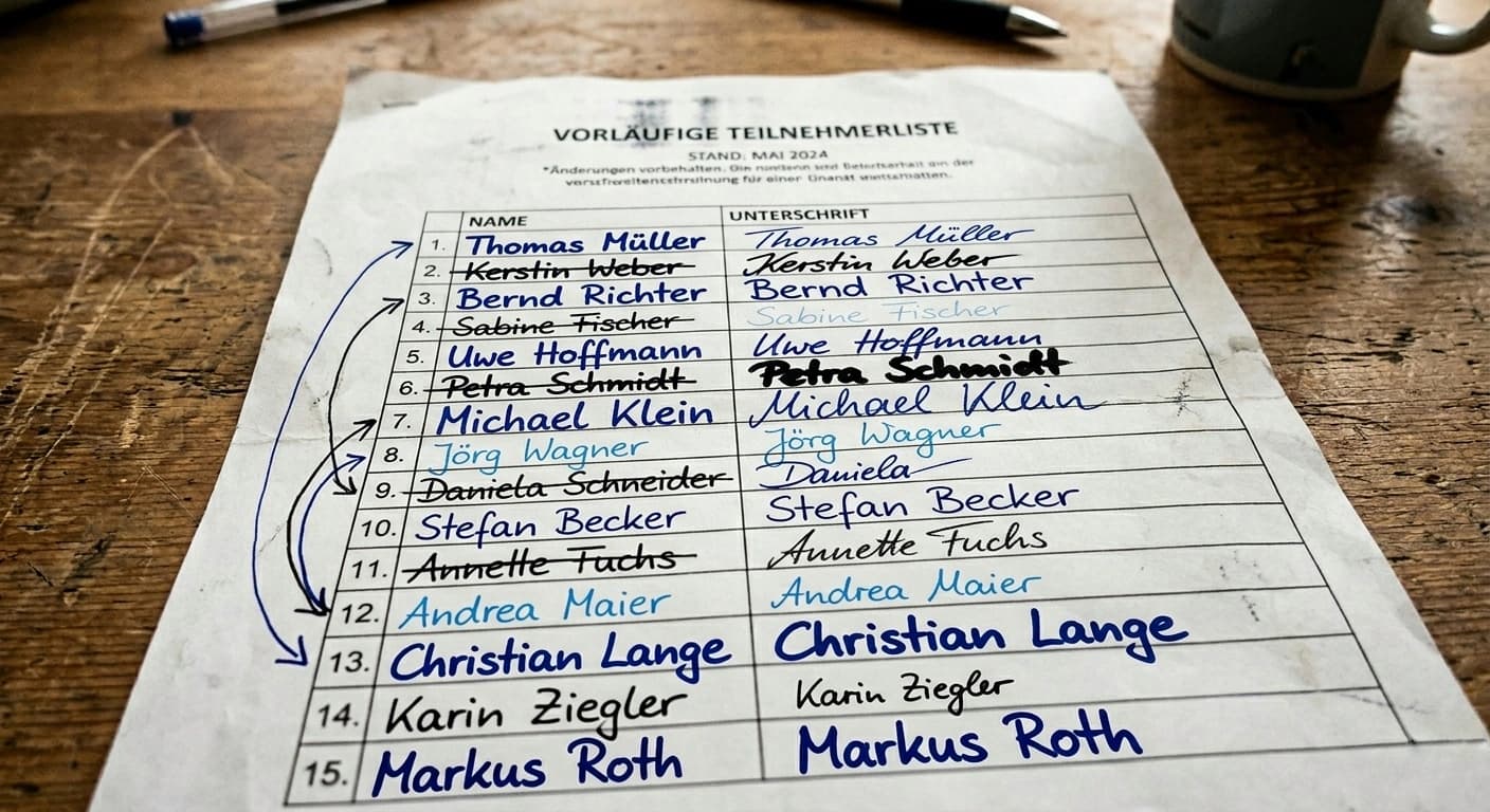 Foto einer handschriftlichen Papier-Teilnehmerliste für ein Kampfsport-Sommerfest mit vielen durchgestrichenen Namen und manuellen Korrekturen, die das organisatorische Chaos vor dem Event zeigt.