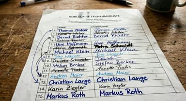 Foto einer handschriftlichen Papier-Teilnehmerliste für ein Kampfsport-Sommerfest mit vielen durchgestrichenen Namen und manuellen Korrekturen, die das organisatorische Chaos vor dem Event zeigt.