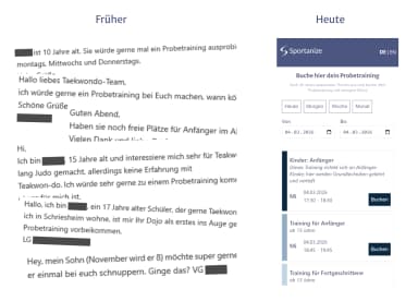 Zweiteiliges Vorher-Nachher-Bild, das den Unterschied bei der Probetraining-Anmeldung zeigt. Links: Unübersichtliches E-Mail-Ping-Pong mit vielen Nachrichten. Rechts: Aufgeräumter, strukturierter Sportfinder-Screen mit allen Anmeldungen im Überblick.