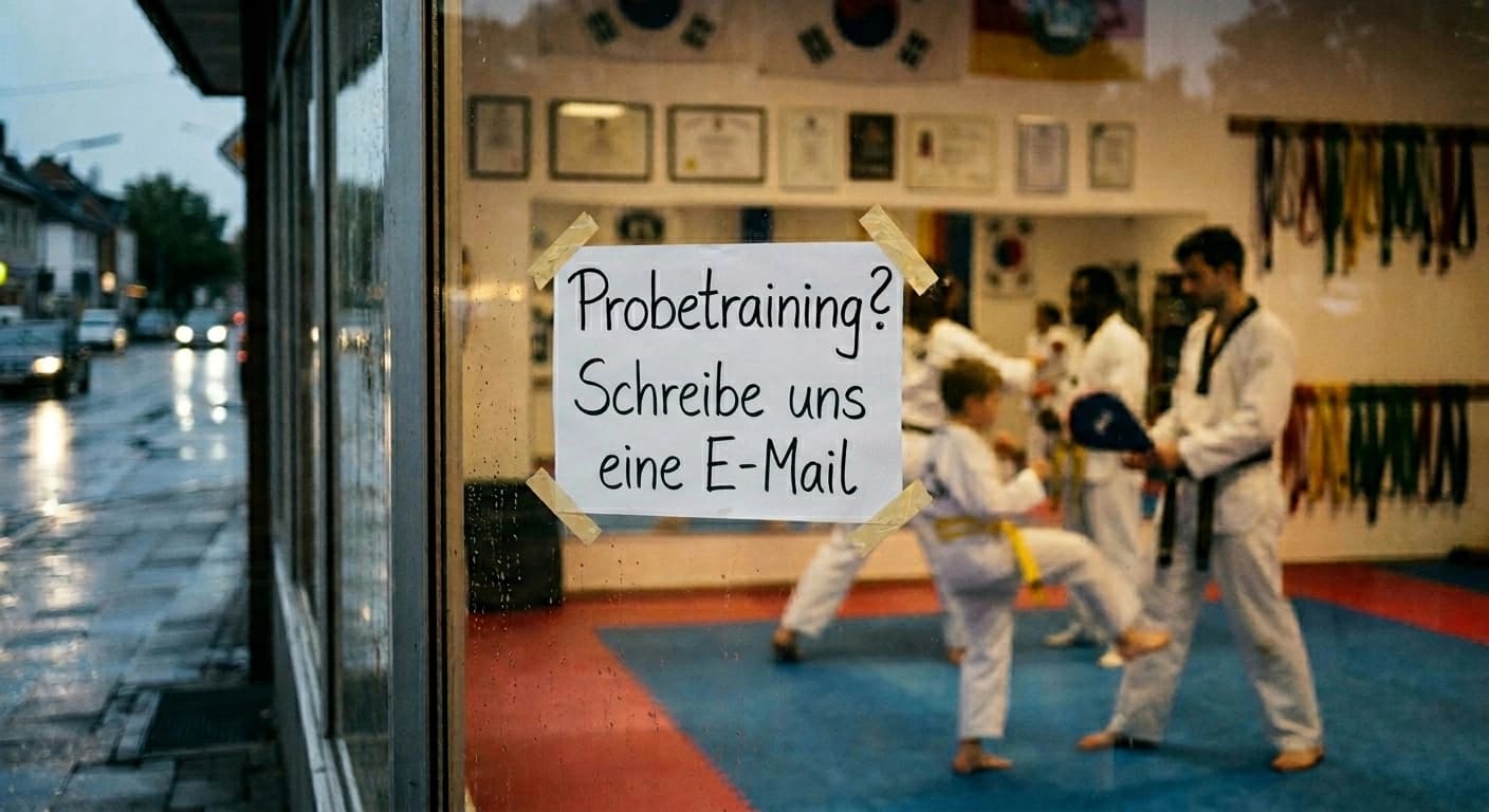 Authentisches, leicht körniges Foto, aufgenommen von außen durch eine regennasse Fensterscheibe eines Dojangs bei Dämmerung. Ein handgeschriebener Zettel ist mit Tesafilm schief an die Scheibe geklebt, darauf steht: 'Probetraining? Schreibe uns eine E-Mail'. Dahinter sind unscharf trainierende Kampfsportschüler zu sehen. Visualisiert den improvisierten Struggle um digitale Sichtbarkeit.