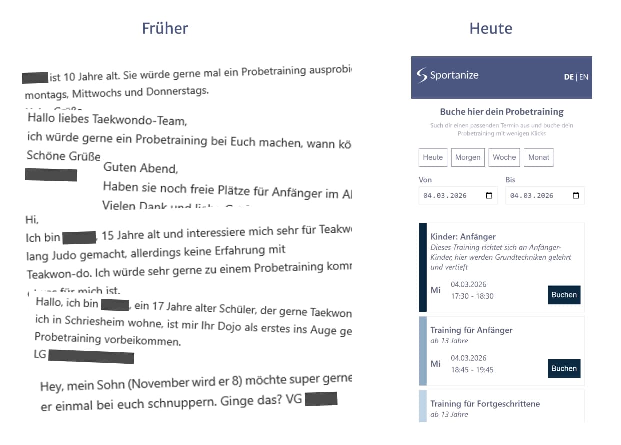Zweiteiliges Vorher-Nachher-Bild, das den Unterschied bei der Probetraining-Anmeldung zeigt. Links: Unübersichtliches E-Mail-Ping-Pong mit vielen Nachrichten. Rechts: Aufgeräumter, strukturierter Sportfinder-Screen mit allen Anmeldungen im Überblick.