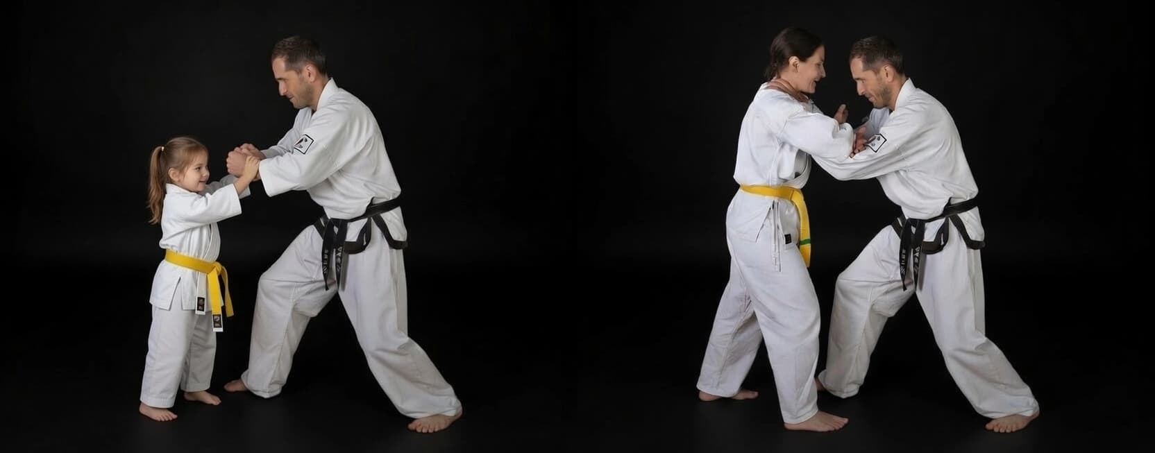 Zweiteiliges Vorher-Nachher-Bild. Links: Ein Schulleiter steht neben einem Kind in Kampfsportkleidung. Rechts: Fast das gleiche Bild, aber das Kind ist zu einem Erwachsenen herangewachsen. Symbolisiert die Notwendigkeit flexibler Tarifwechsel bei langfristiger Mitgliederentwicklung